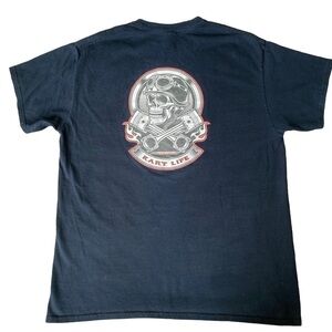 Men’s T-shirt Black Biker Skull Print ‘Moonshine Raceway’ Graphic Size L